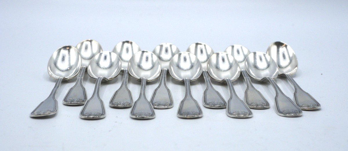 Set Of 12 Solid Silver Mocha Spoons Shell Model-photo-5