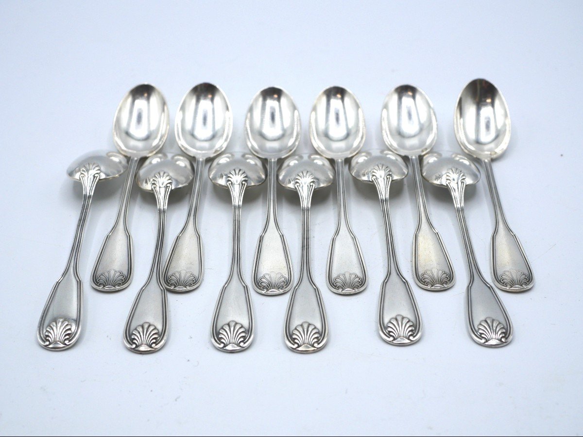 Set Of 12 Solid Silver Mocha Spoons Shell Model-photo-6