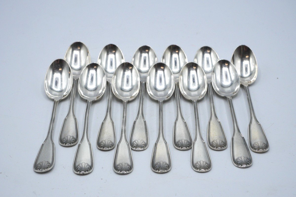 Set Of 12 Solid Silver Mocha Spoons Shell Model