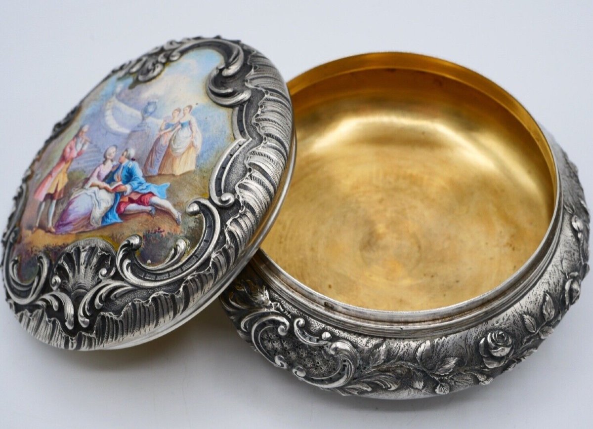 Solid Silver Candy Box With Enamel Gallant Scene Decor-photo-5