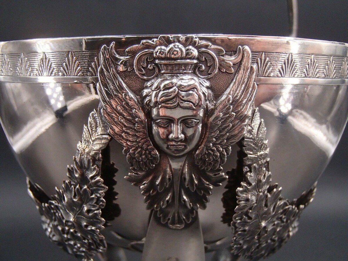 Cup Or Drageoir With Anse, Tripod, In Sterling Silver, Germany 18th 19th-photo-4