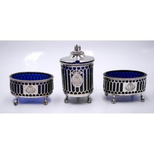 Condiment Set In Sterling Silver And Blue Glass 18th Century 