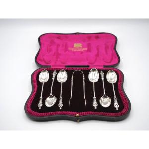 Set Of 6 Spoons And 1 Sugar Tongs In Sterling Silver