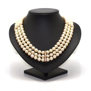 Triple Strand Pearl And Diamond Necklace