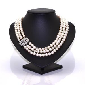 Triple Strand Pearl And Diamond Vintage Necklace