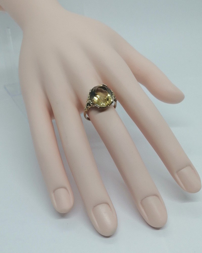 Bague Argent/vermeil, Superbe Citrine ambrée, Facettée, Décor Rocaille, 1920.-photo-1