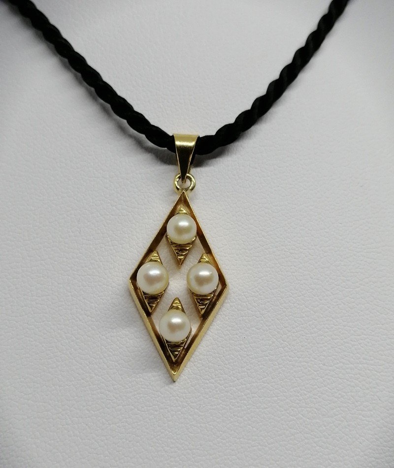 Gold Pendant, Openwork Lozenge Shape, And Cultured Pearls, 1940-60.-photo-3