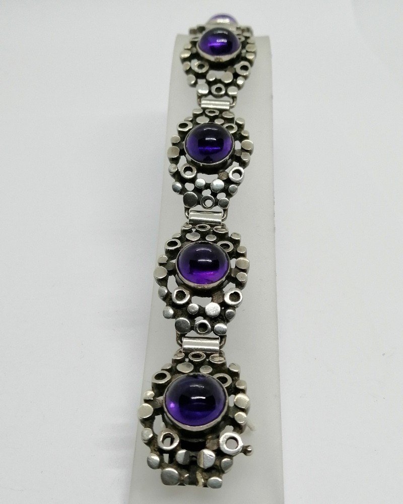 Bracelet Argent, Maille Ajourée Et Cabochons Rond d'Améthystes, Art Déco.