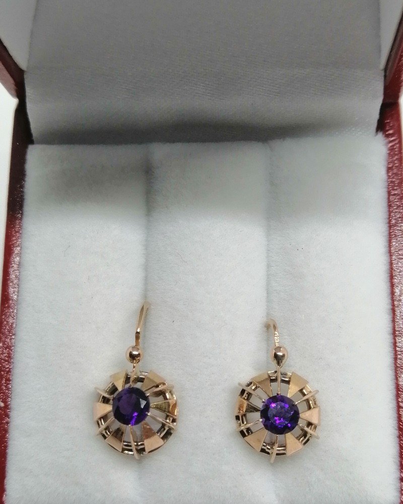 Pair Of Rose Gold Earrings, Faceted Amethyst Center, Circa 1900-20.-photo-4