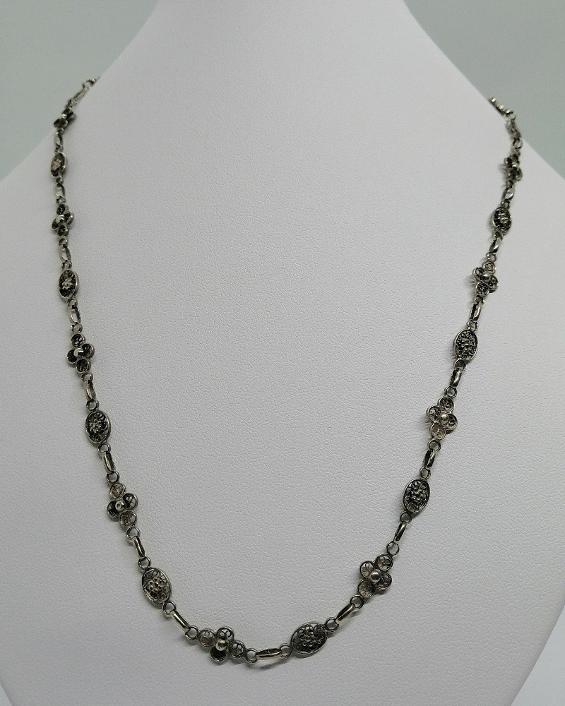 Silver Necklace Old Link Particular Shape And Filigree Inside, Art Nouveau.