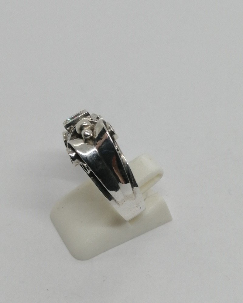 Silver Ring, Typical Art Deco Model, Openwork, Parchment-style Roller And Set With A Zirconium.-photo-2