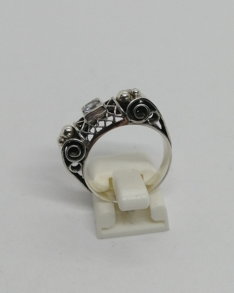 Silver Ring, Typical Art Deco Model, Openwork, Parchment-style Roller And Set With A Zirconium.-photo-3