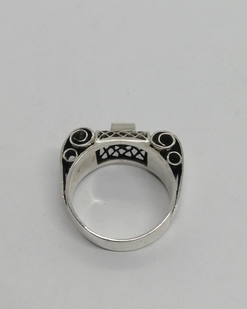 Silver Ring, Typical Art Deco Model, Openwork, Parchment-style Roller And Set With A Zirconium.-photo-4