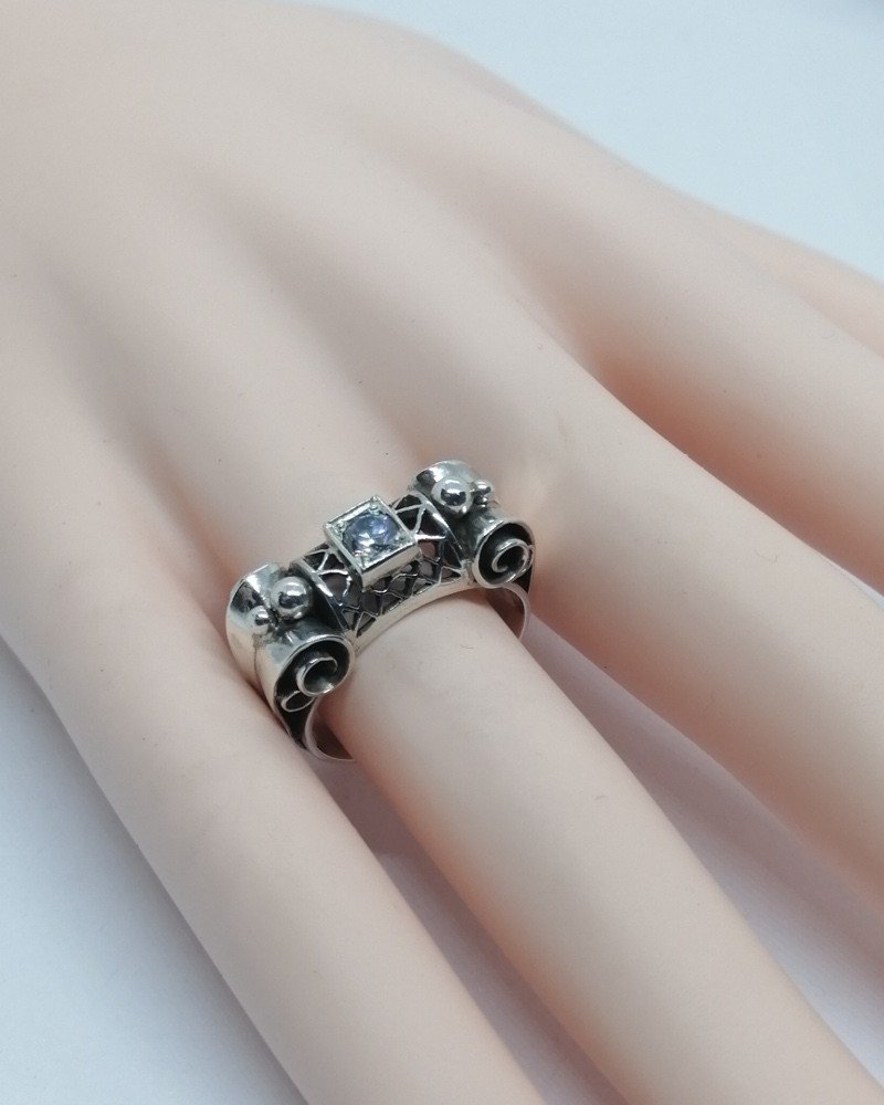 Silver Ring, Typical Art Deco Model, Openwork, Parchment-style Roller And Set With A Zirconium.-photo-1