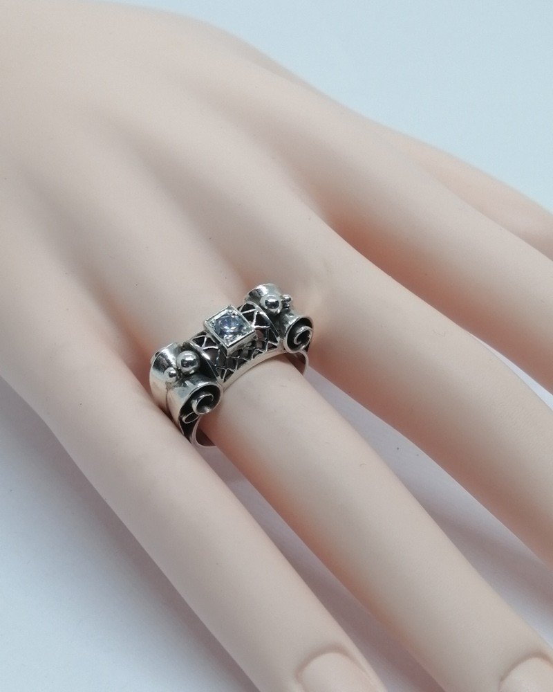 Silver Ring, Typical Art Deco Model, Openwork, Parchment-style Roller And Set With A Zirconium.-photo-2