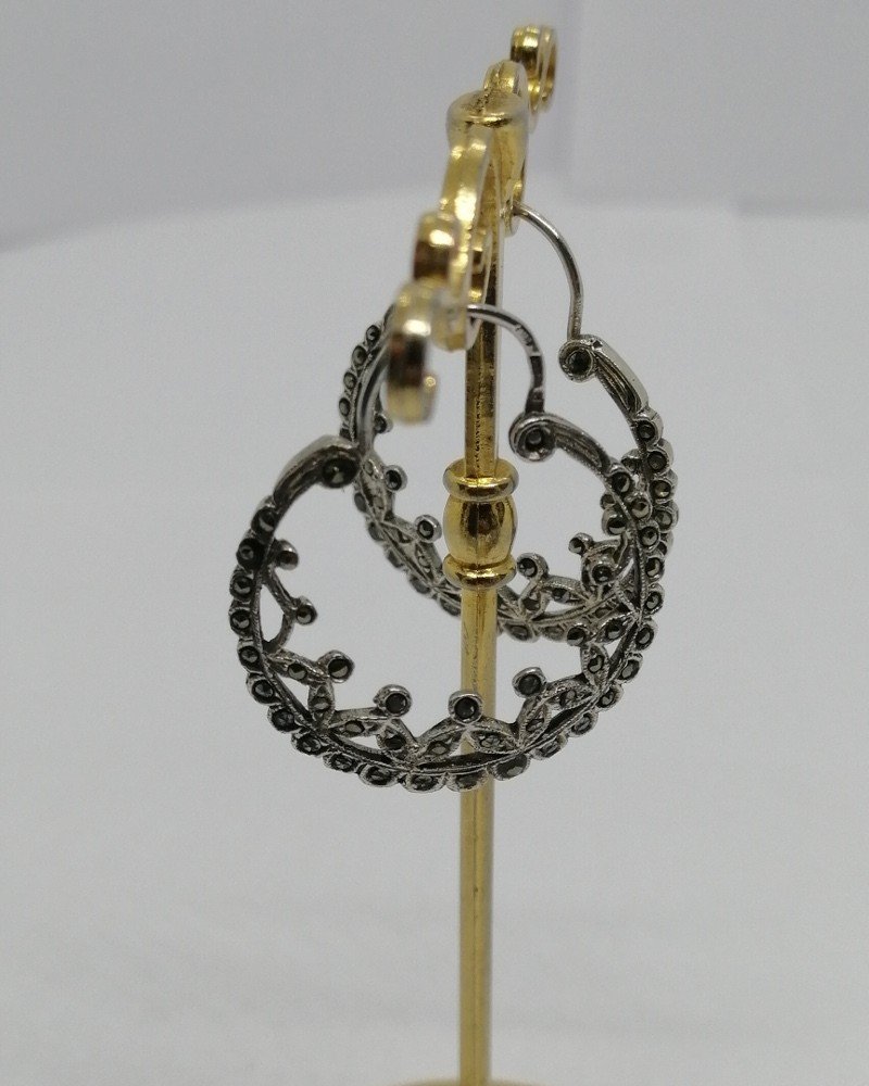 Silver Earrings, Old Model Hoops, Openwork And Marcasite Paving.-photo-2