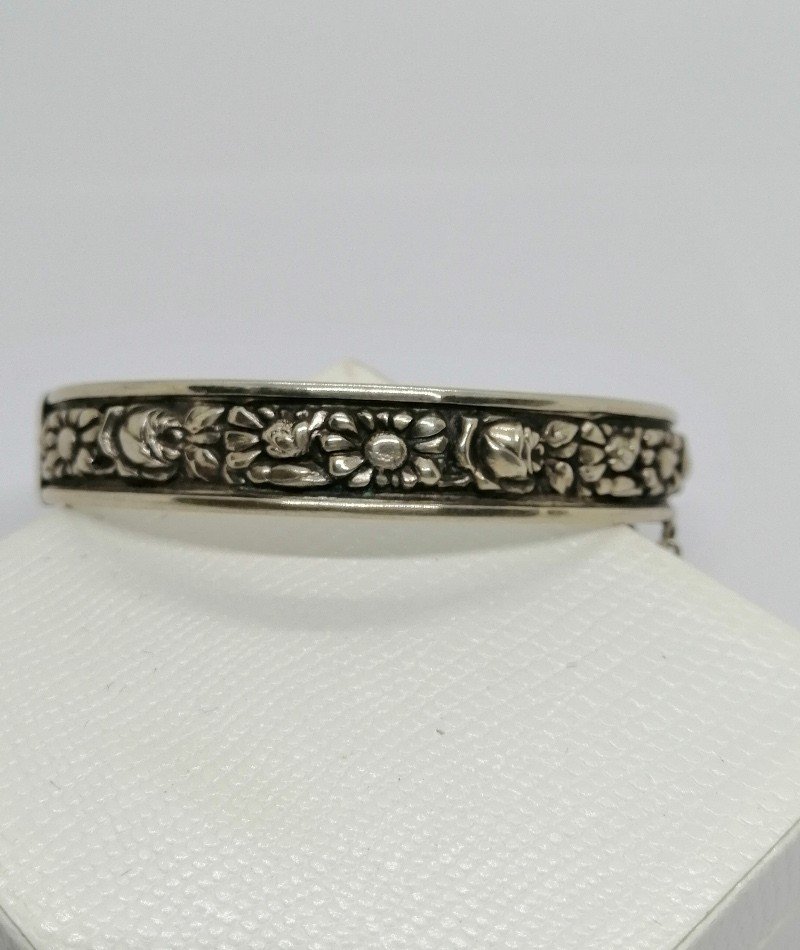 Bracelet Argent, Petit Jonc Ovale Et Motifs Floraux, Signé, Paris, Art Nouveau.-photo-2