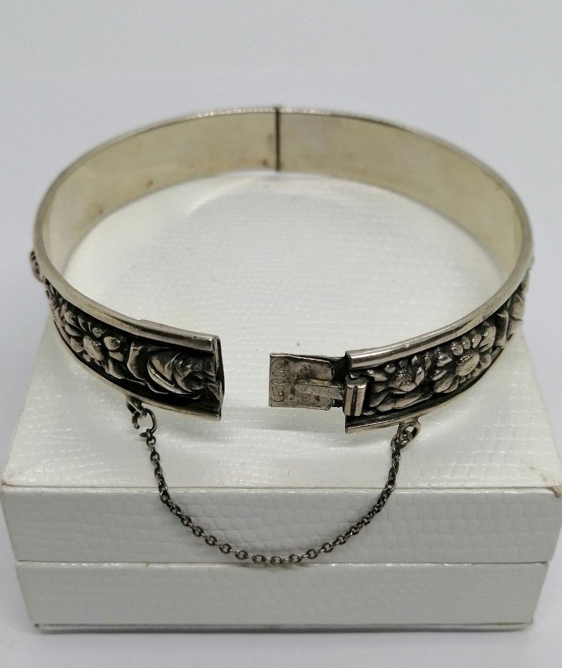 Bracelet Argent, Petit Jonc Ovale Et Motifs Floraux, Signé, Paris, Art Nouveau.-photo-4