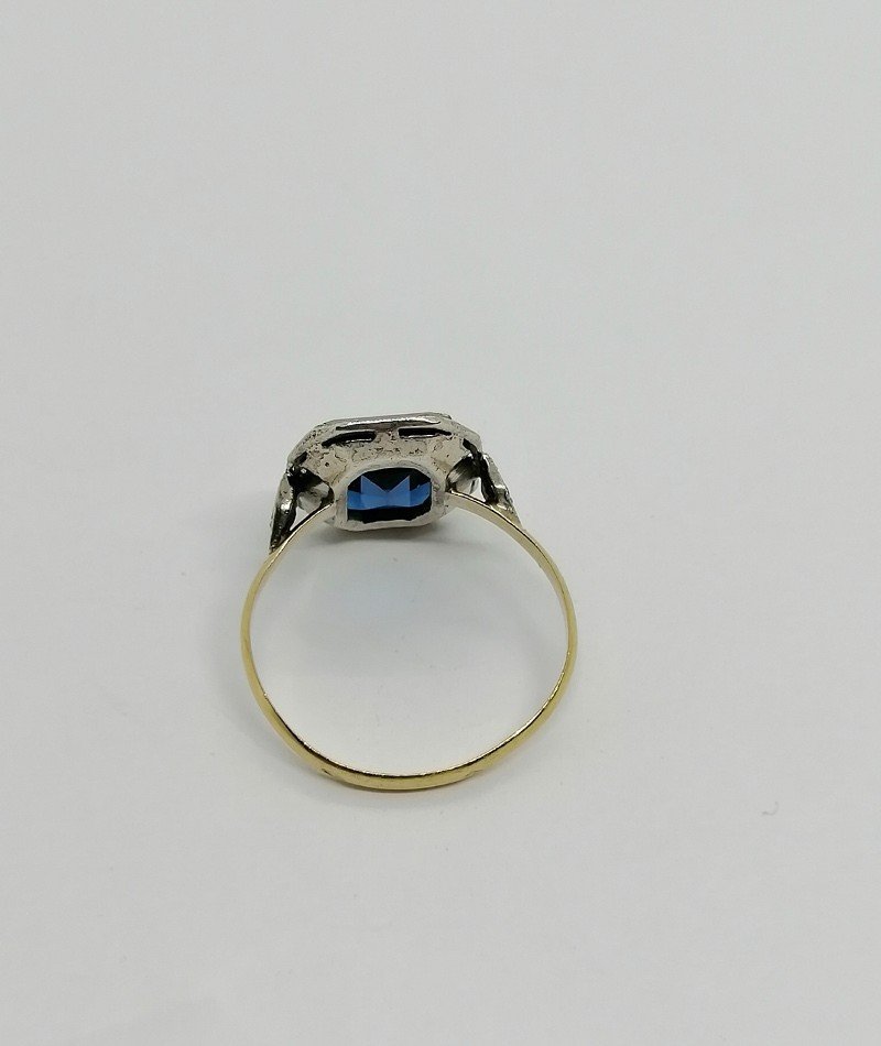 Bague Argent Et Or, De Forme Octogonale, Pavage Marcasites Et Pierre Bleu, Français, Art Déco.-photo-3