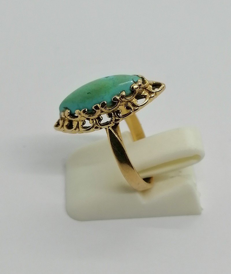 Bague En Or, Petite Navette, Turquoise Cabochon, 1920.-photo-2