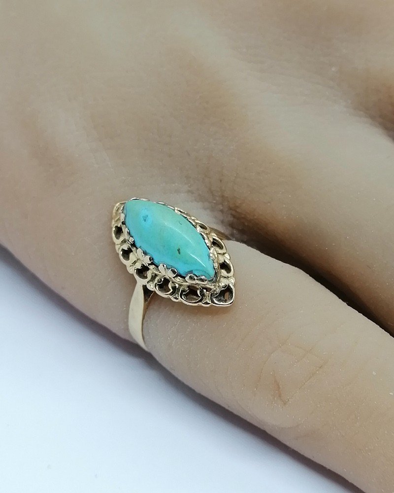 Bague En Or, Petite Navette, Turquoise Cabochon, 1920.-photo-4