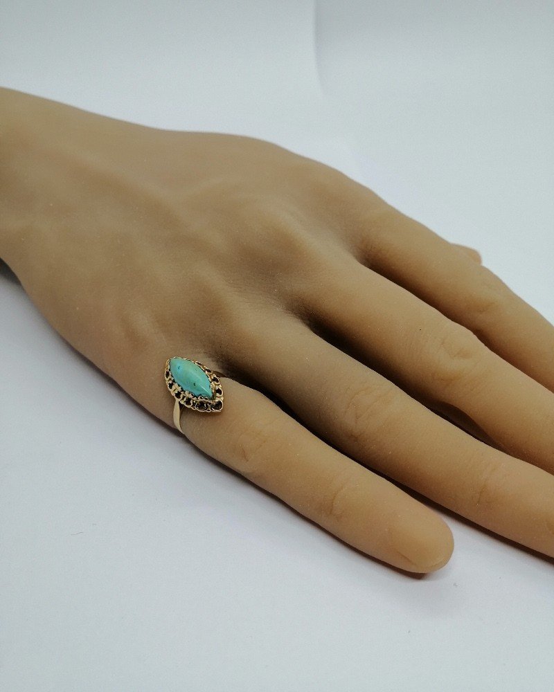 Bague En Or, Petite Navette, Turquoise Cabochon, 1920.-photo-1