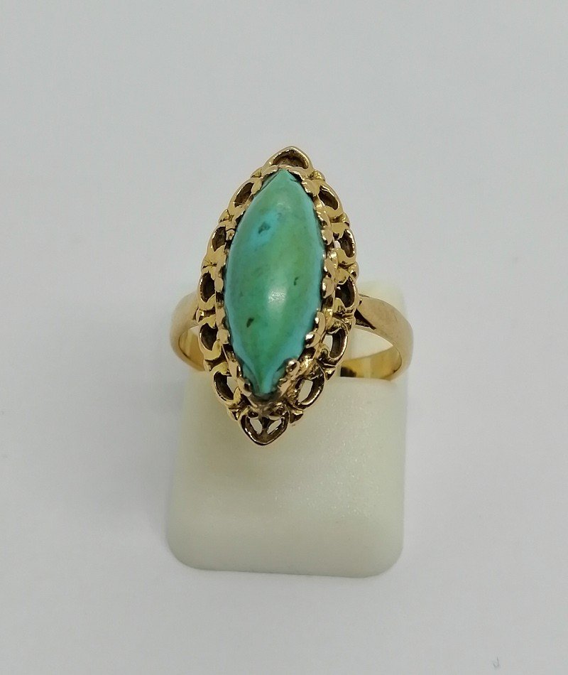 Bague En Or, Petite Navette, Turquoise Cabochon, 1920.