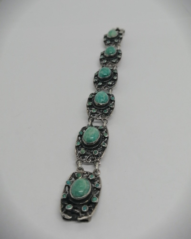 Bracelet Argent, Maillons Ajourés Avec Cabochons d'Aventurines Et Turquoises, 1920.-photo-2