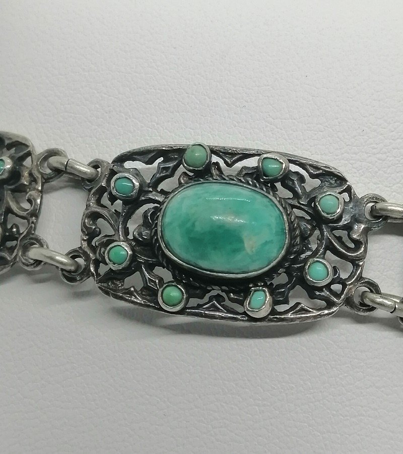 Bracelet Argent, Maillons Ajourés Avec Cabochons d'Aventurines Et Turquoises, 1920.-photo-3