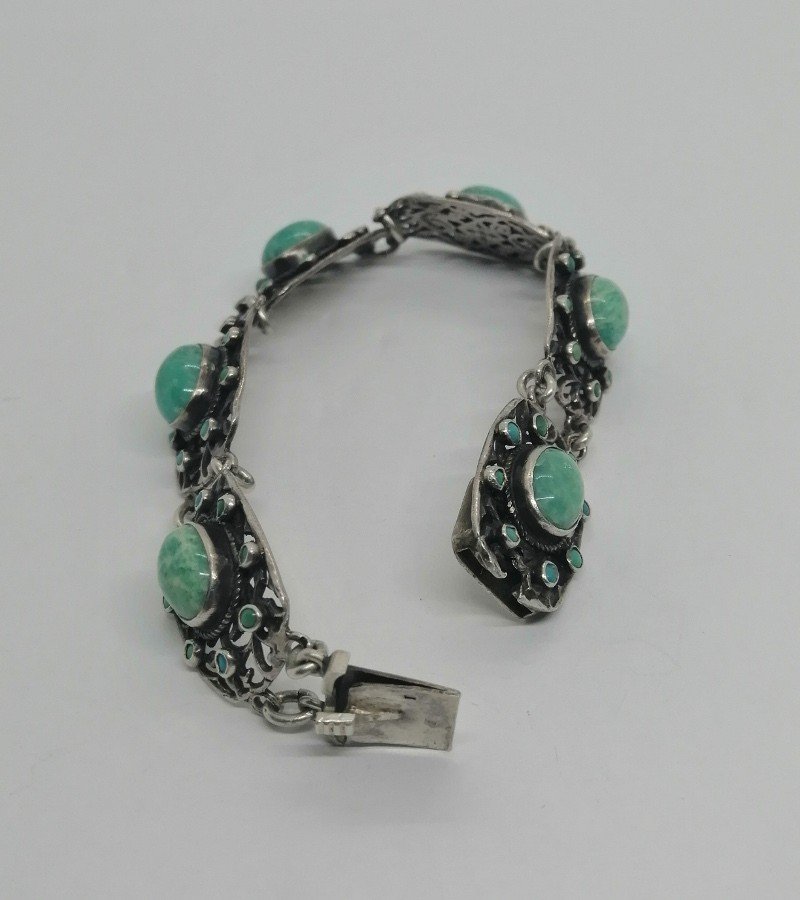 Bracelet Argent, Maillons Ajourés Avec Cabochons d'Aventurines Et Turquoises, 1920.-photo-1