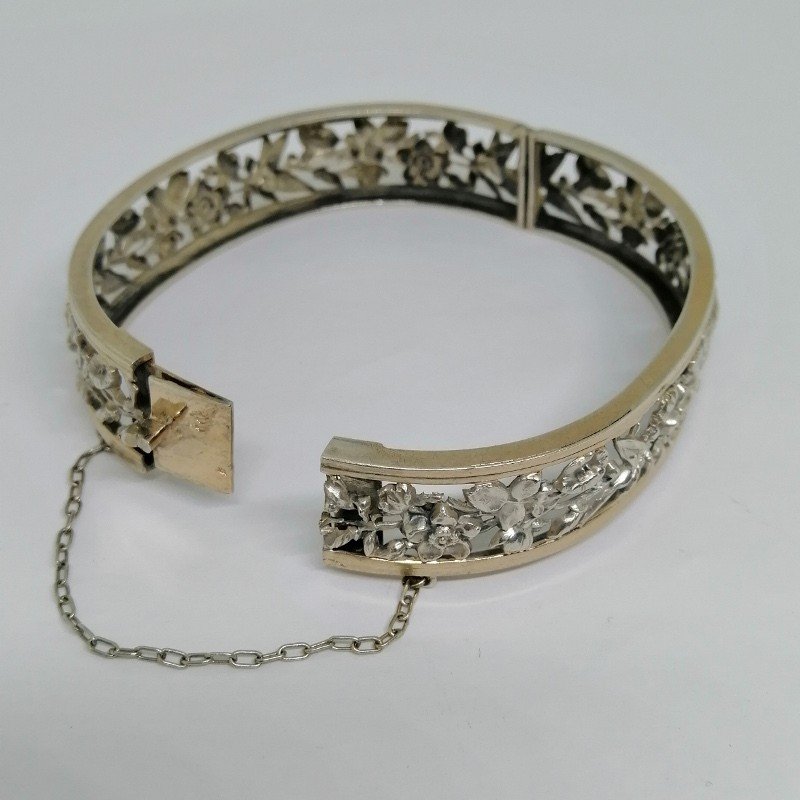 Bracelet Argent, Jonc Ajouré Avec Motif De Fleurs, Vers 1900.-photo-2