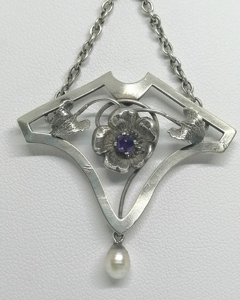 Collier Argent, Modèle Fleurette, Améthyste, Perle Fine, Art Nouveau, 1880-1910.-photo-2