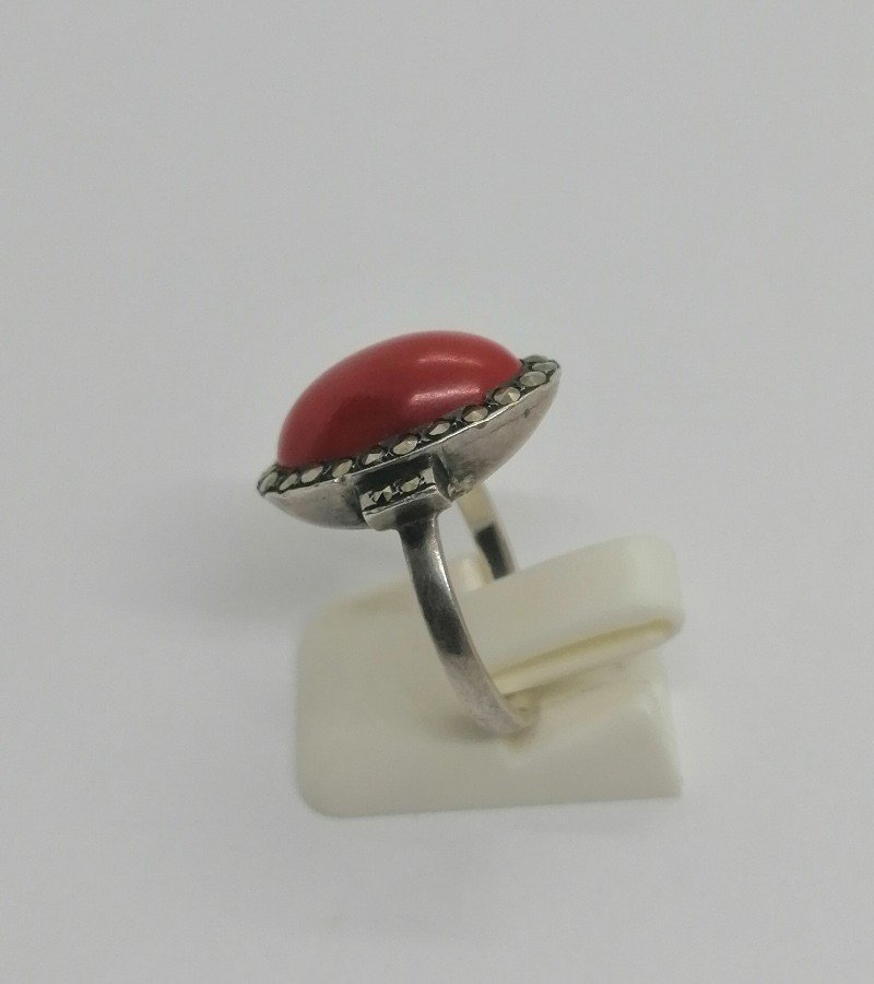 Bague Argent, Cabochon De Corail Et Entourage De Marcasites, 1925, Art Déco.-photo-2