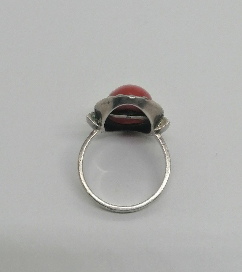 Bague Argent, Cabochon De Corail Et Entourage De Marcasites, 1925, Art Déco.-photo-3