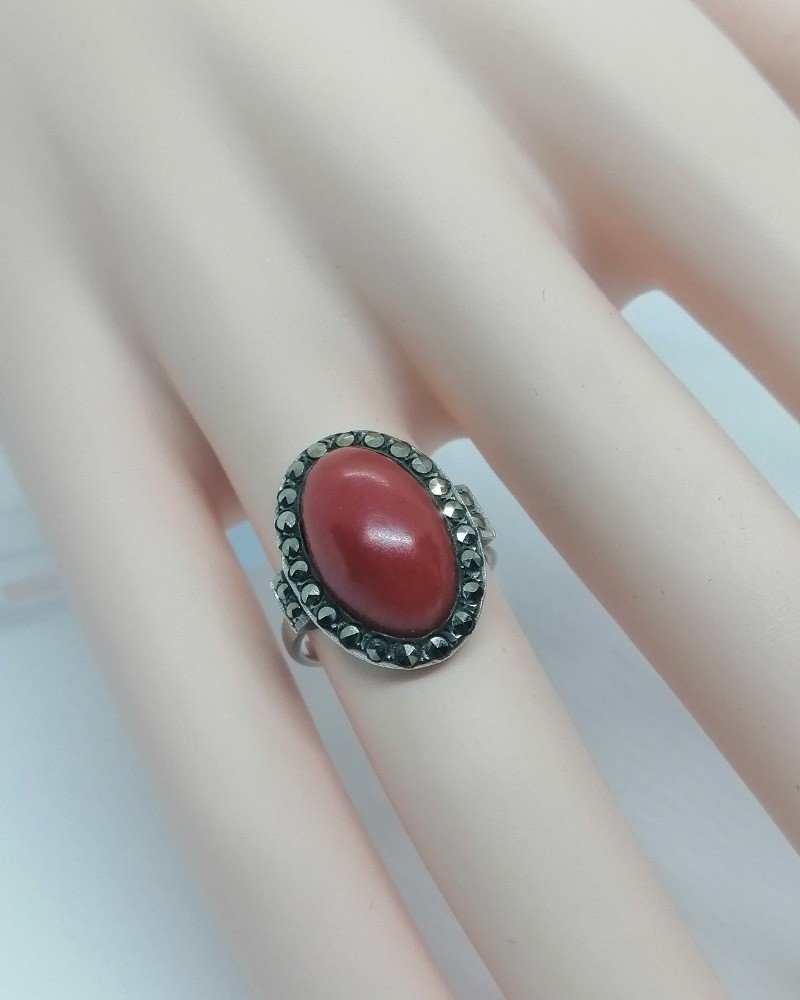 Bague Argent, Cabochon De Corail Et Entourage De Marcasites, 1925, Art Déco.-photo-4