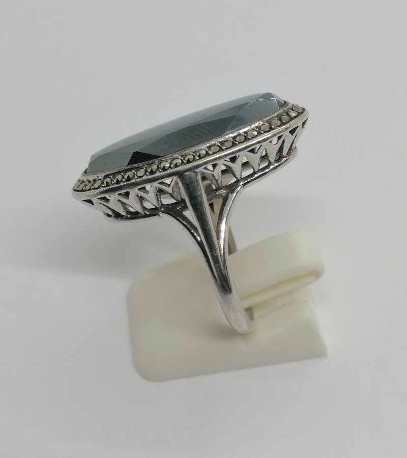 Silver Ring, Large Faceted Hematite And Marcasite Paving, Art Deco.-photo-2