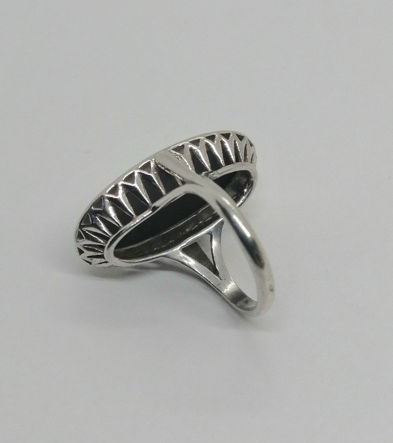 Silver Ring, Large Faceted Hematite And Marcasite Paving, Art Deco.-photo-3