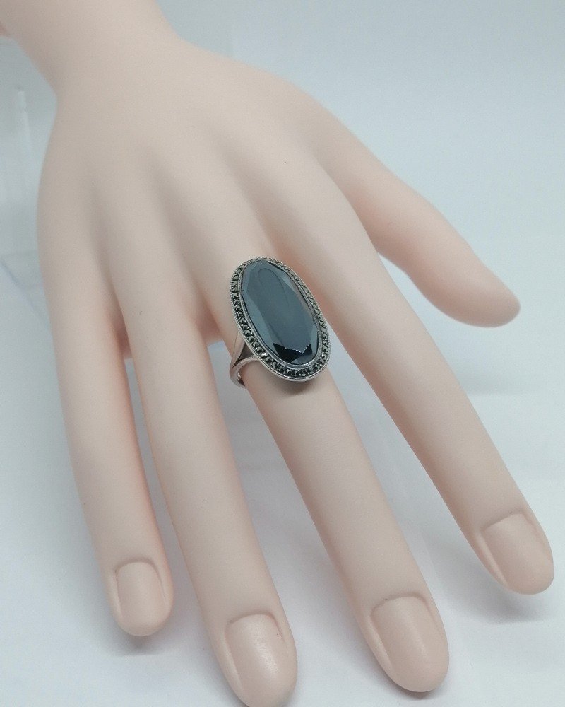 Silver Ring, Large Faceted Hematite And Marcasite Paving, Art Deco.-photo-1