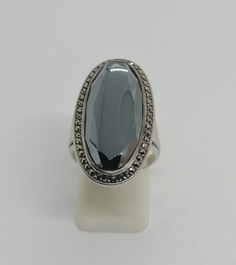 Silver Ring, Large Faceted Hematite And Marcasite Paving, Art Deco.