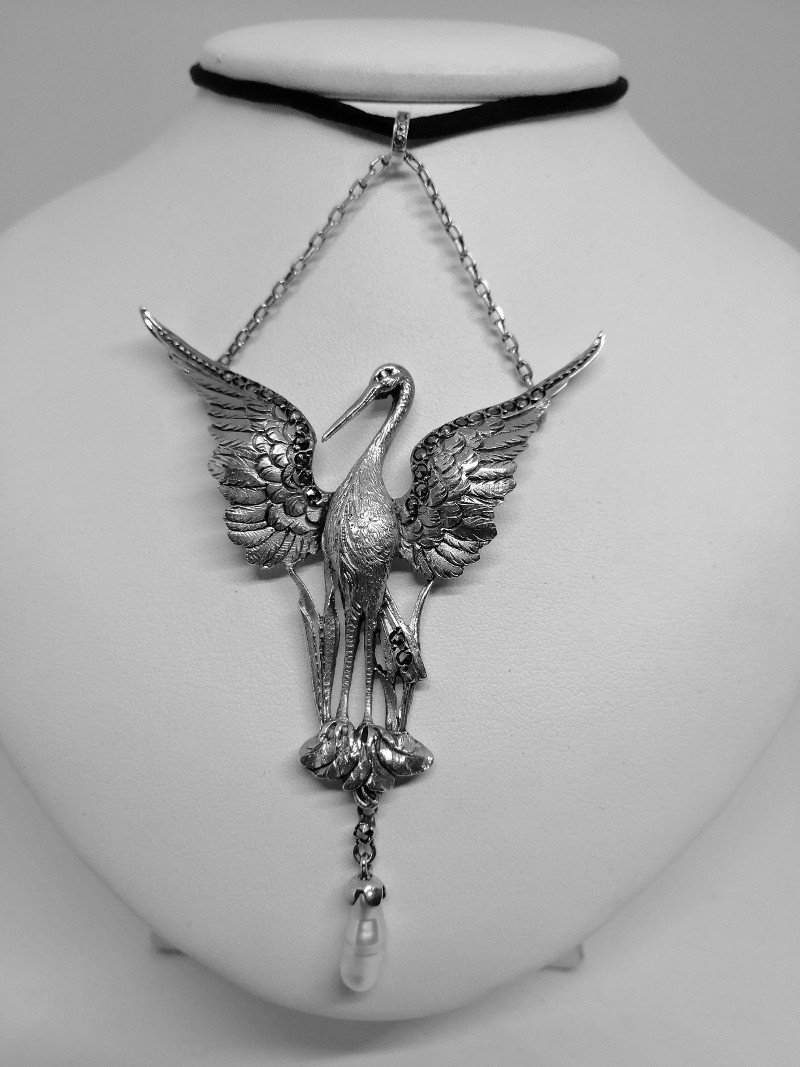 Stork Pendant In Silver, Art Nouveau.