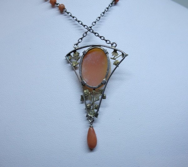 Necklace, Art Nouveau Model With Shell And Coral Cameo.-photo-4