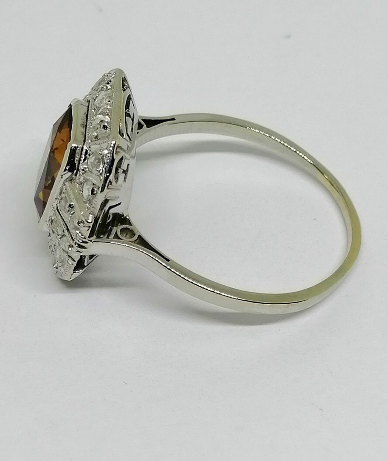 White Gold And Platinum Ring With Natural Amber Citrine, Diamond Roses, Art Deco.-photo-3