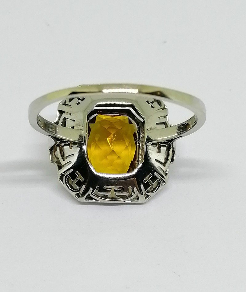 White Gold And Platinum Ring With Natural Amber Citrine, Diamond Roses, Art Deco.-photo-4