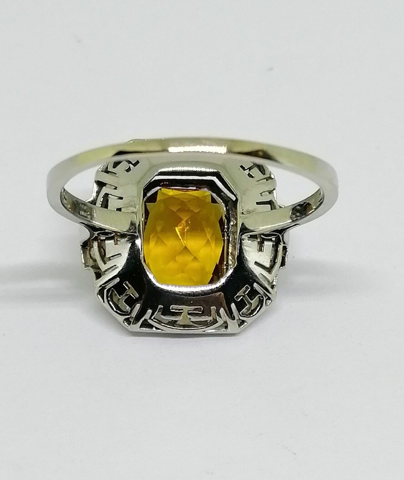 Bague En Or Gris Et Platine Avec Citrine Ambrée Naturelle, Roses De Diamants, Art Déco.-photo-4