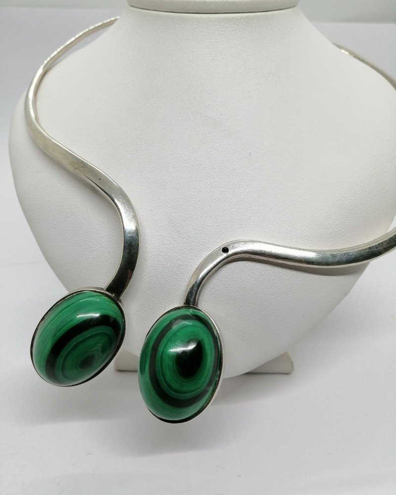 Collier Argent, Vintage, Cerceau Avec Gros Cabochon De Malachite, Français 1960.-photo-3