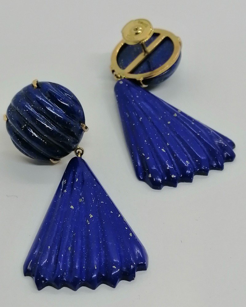 Gold Earrings, Important Pendants In Lapis Lazuli, 1950-70.-photo-2