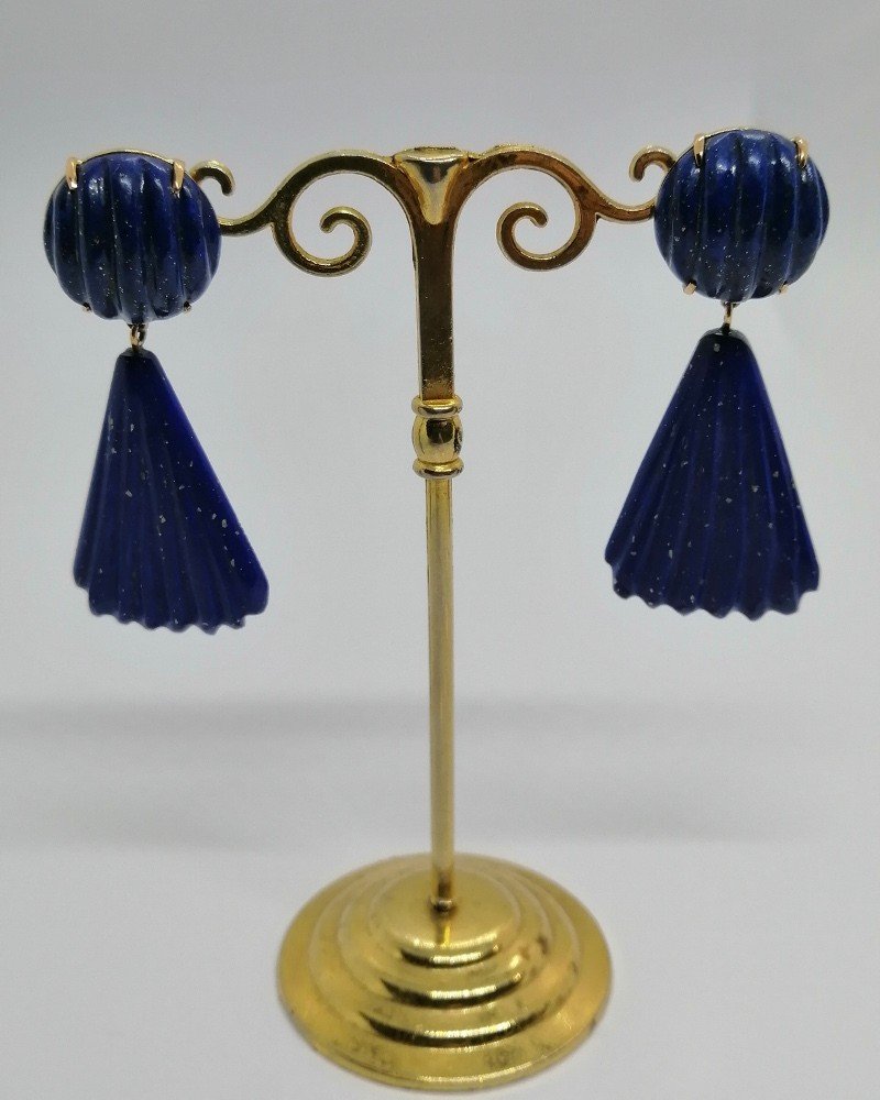 Gold Earrings, Important Pendants In Lapis Lazuli, 1950-70.-photo-3