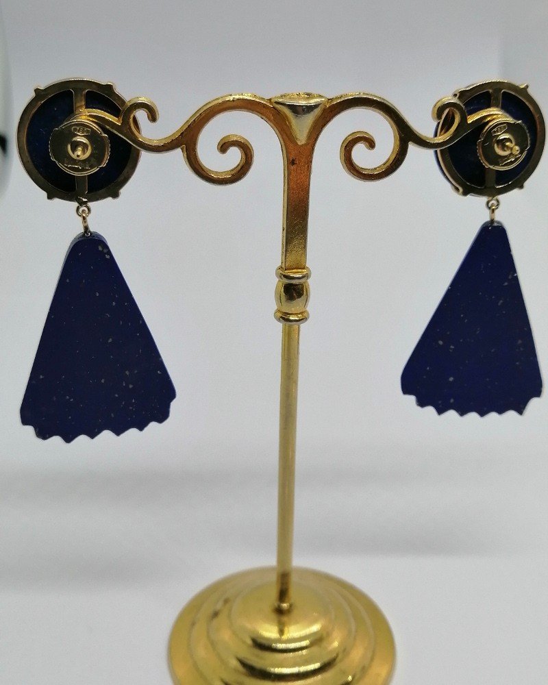 Gold Earrings, Important Pendants In Lapis Lazuli, 1950-70.-photo-1