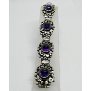 Silver Bracelet, Openwork Mesh And Round Amethyst Cabochons, Art Deco.