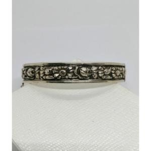 Bracelet Argent, Petit Jonc Ovale Et Motifs Floraux, Signé, Paris, Art Nouveau.